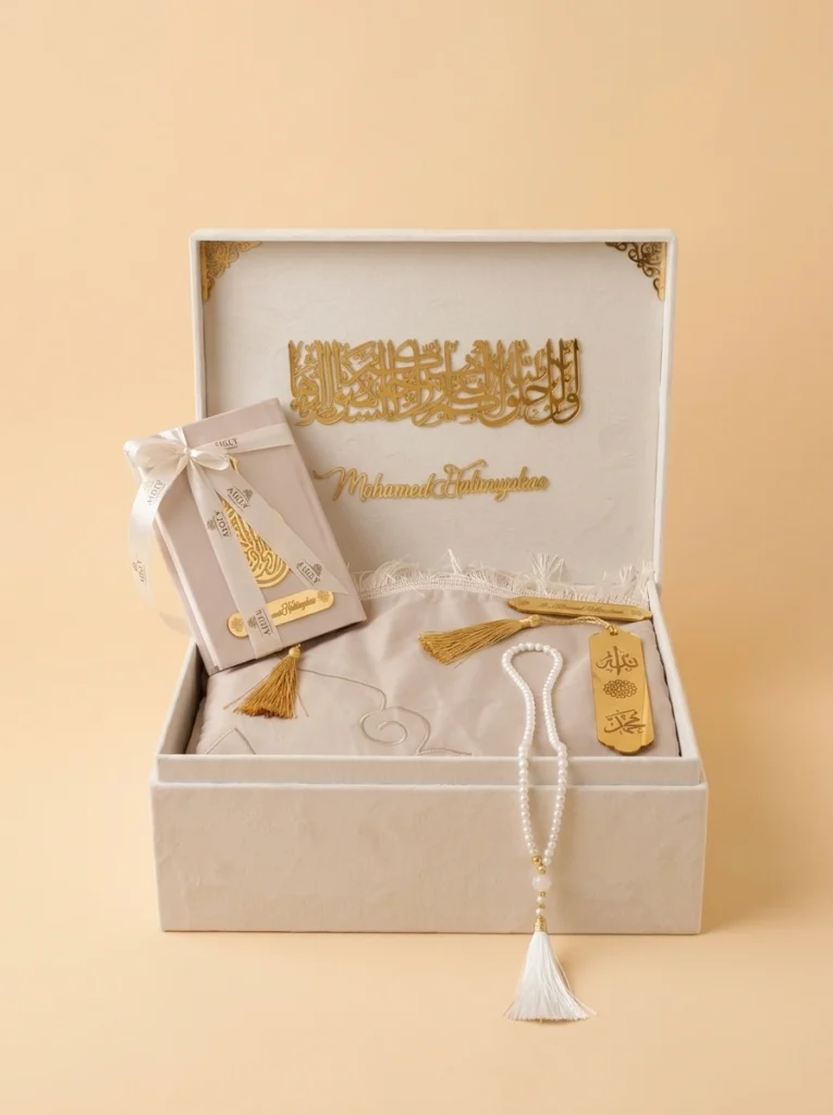 Cream Quran gift box with prayer mat and prayer beads