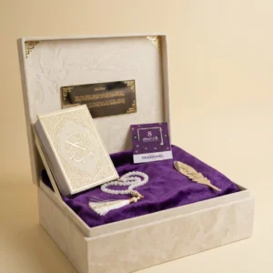 Purple prayer mat gift box with Holy Quran