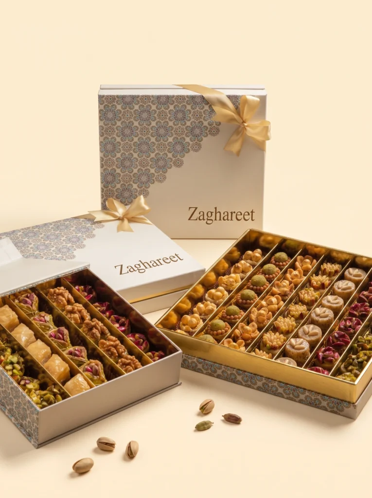 Date and walnut pastry box with almonds
