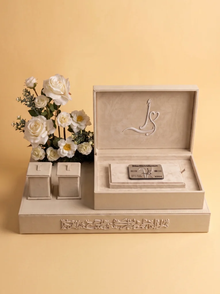 Custom Gift Box wedding gift box featuring bride and groom initials, florals, and a Quranic verse