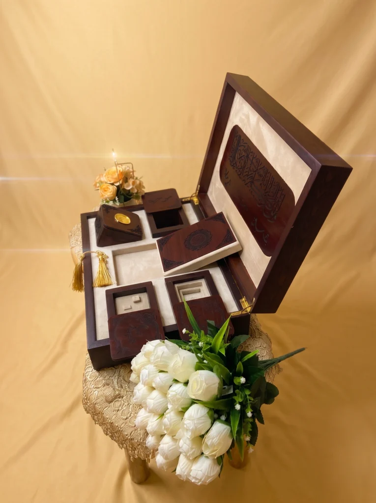 Wedding Gifts for Bride from Groom - Open Box View wedding gifts for bride from groom - open wooden box showing ring compartments, Quran, and oud incense burner