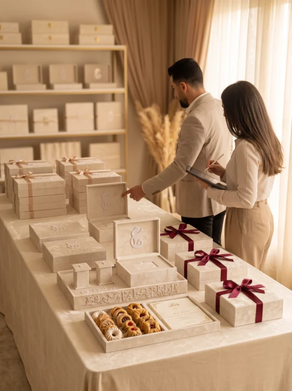 Zaghareet Verkäufer wählt Geschenkboxen in großen Mengen im Showroom