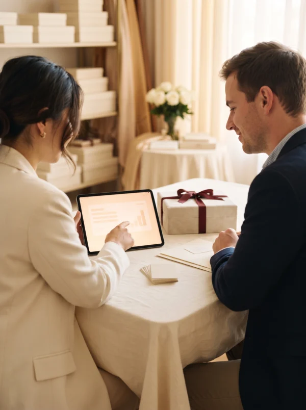 Verkäuferin prüft Großhandelspreise auf einem Tablet neben einer Geschenkbox