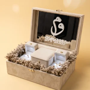 Box rings wedding set: velvet case with mirror, monogram and date, two ring boxes and a bracelet box