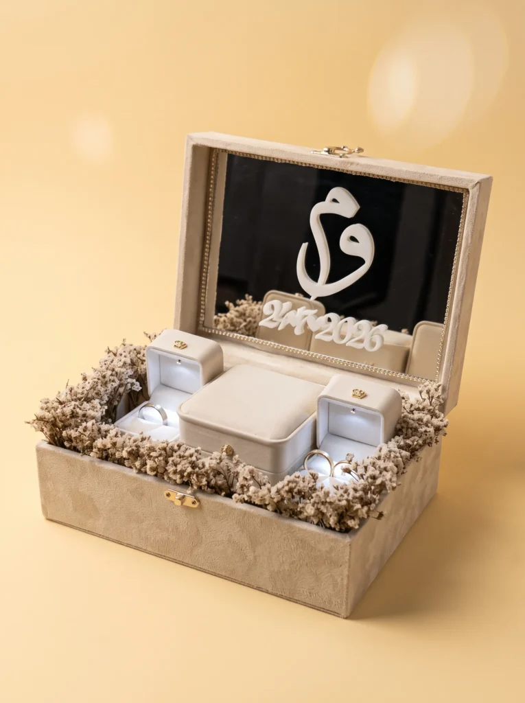 Box rings wedding set: velvet case with mirror, monogram and date, two ring boxes and a bracelet box