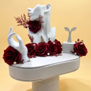 Bridal shower pamper gift box: white jewellery display stand with necklace bust, ring hand and red roses, handmade