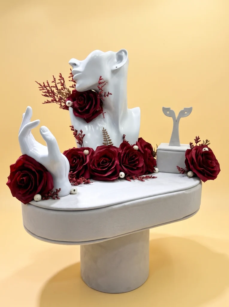 Bridal shower pamper gift box: white jewellery display stand with necklace bust, ring hand and red roses, handmade