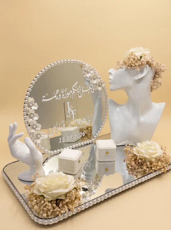 Personalized couple ideas gifts set with pearl mirror, names, date, white ring boxes and cream roses
