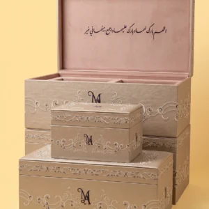 Geldgeschenk Verpackung zur Hochzeit: Box-Set in Champagner mit Monogramm und altrosa Innenfutter