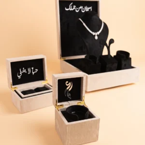 Gift boxes lined in black velvet showing a jewellery set on a display bust