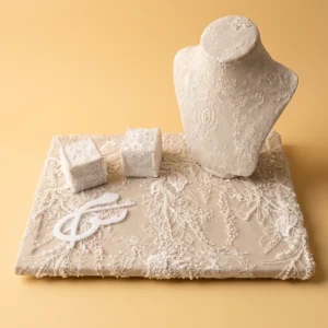 Idée cadeau marié : ensemble en dentelle perlée avec buste, deux boîtes à bagues et monogramme blanc