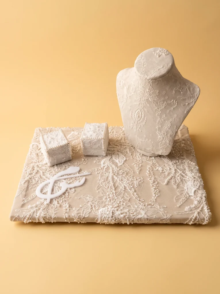 Idée cadeau marié : ensemble en dentelle perlée avec buste, deux boîtes à bagues et monogramme blanc