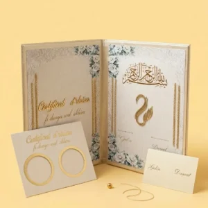 Idées cadeau pour mariage : coffret certificat d'union crème et or, calligraphie dorée et roses blanches, fait main