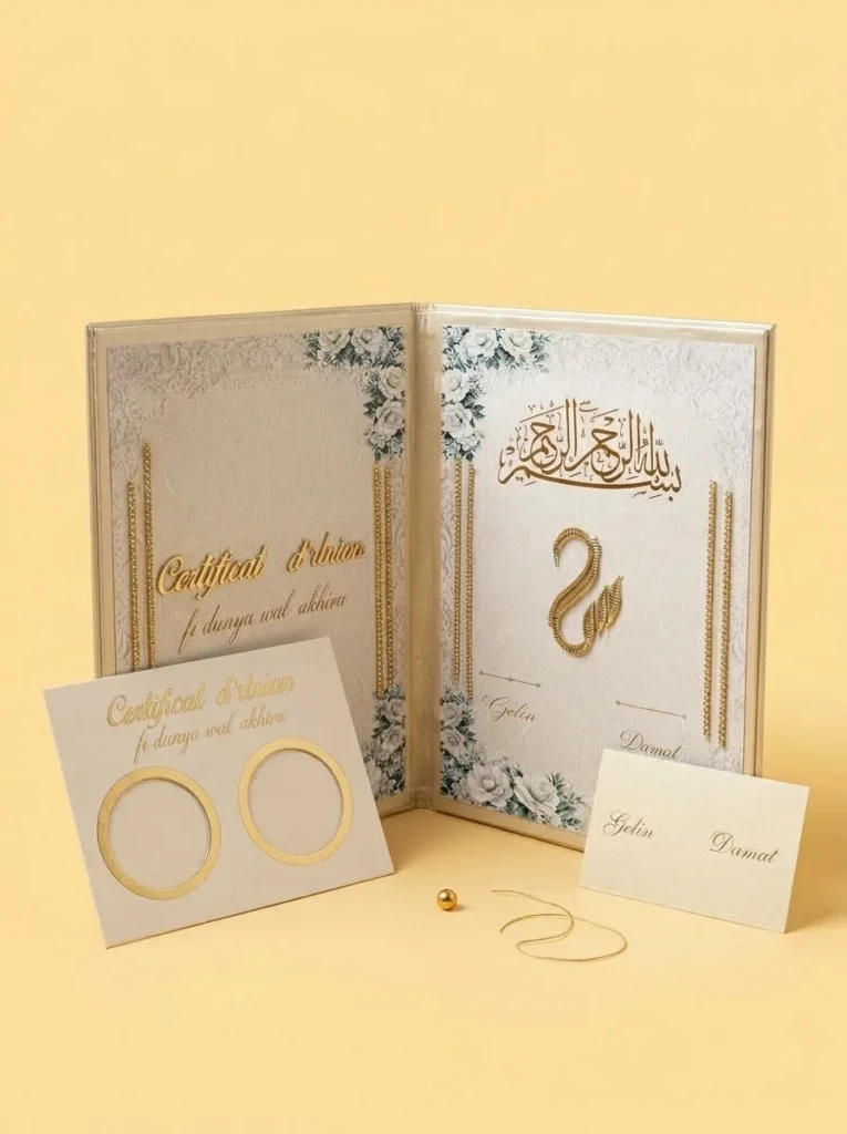 Idées cadeau pour mariage : coffret certificat d'union crème et or, calligraphie dorée et roses blanches, fait main