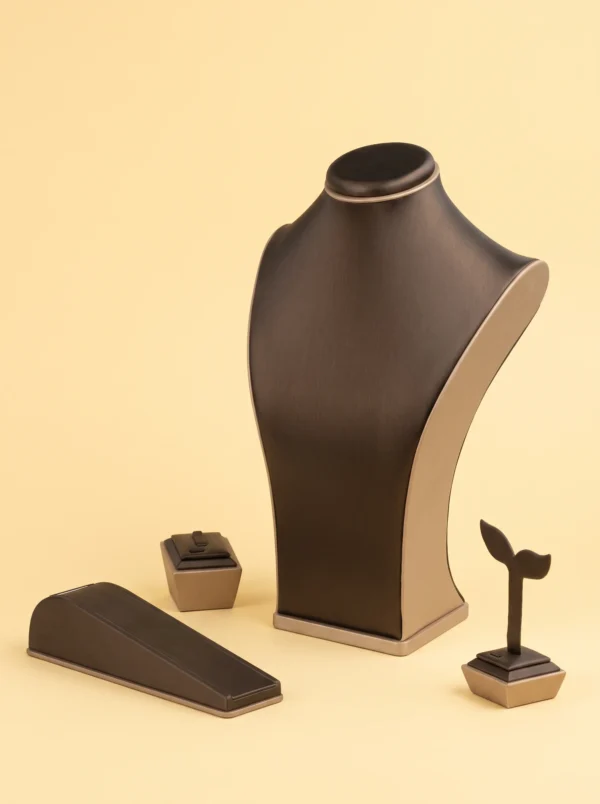 Chocolate-brown leather-look jewelry display set with bust, bracelet, ring and earring stands