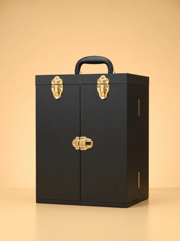 Jewelry box near me: black leather-look cabinet case with carry handle and gold latches, closed