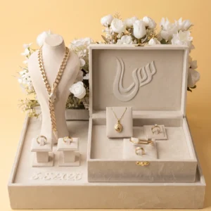 Proposal ring box: ivory velvet tray, monogrammed hinged box, necklace bust and two ring pedestals