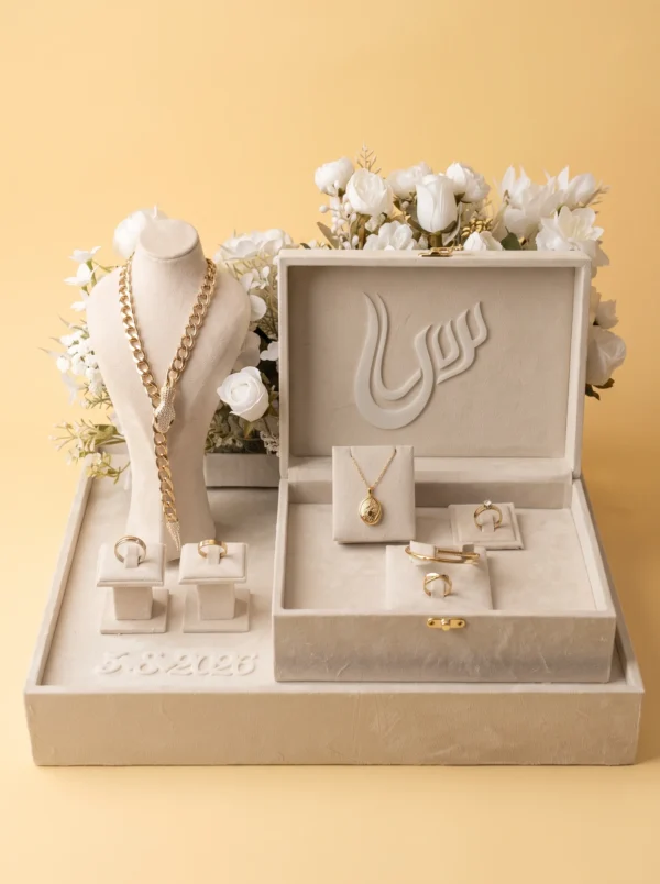Proposal ring box set in ivory velvet with monogram lid, necklace bust, ring pedestals and white roses