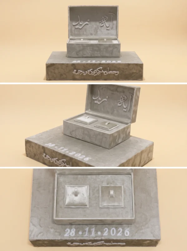 Ring box product collage showing closed lid, open interior, and top-down view of dual ring cushions