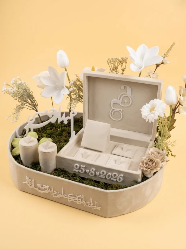Wedding gifts garden set with white monogram lid, raised date, ring pedestals and cut-out names