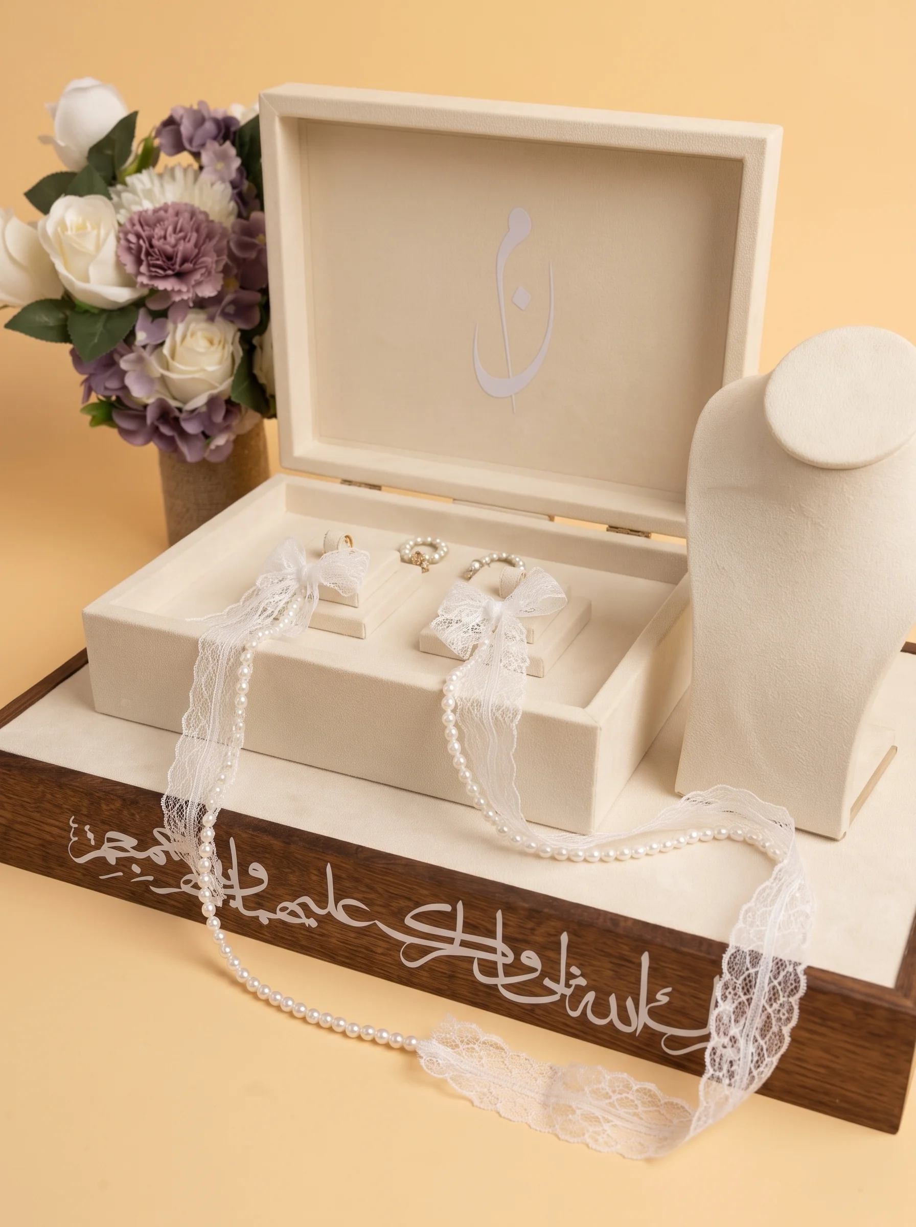 Hochzeitsgeschenk: Schmuckset aus Holz und Velours mit Kalligrafie