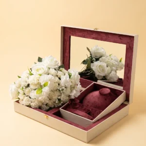 Couples gift ideas: handmade ivory jewelry box with burgundy velvet interior and a mirrored lid