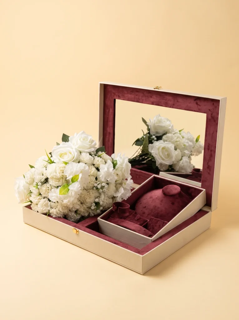 Couples gift ideas: handmade ivory jewelry box with burgundy velvet interior and a mirrored lid