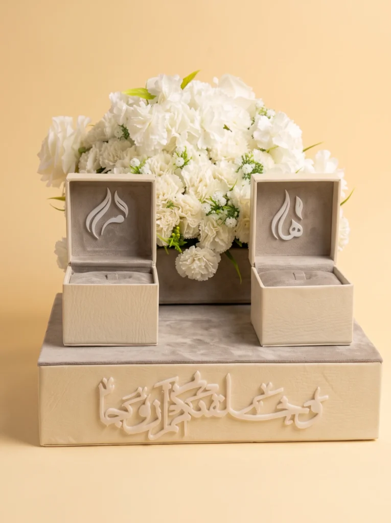Jewelry boxes UK: handmade cream leather jewellery box with two velvet ring boxes and white roses
