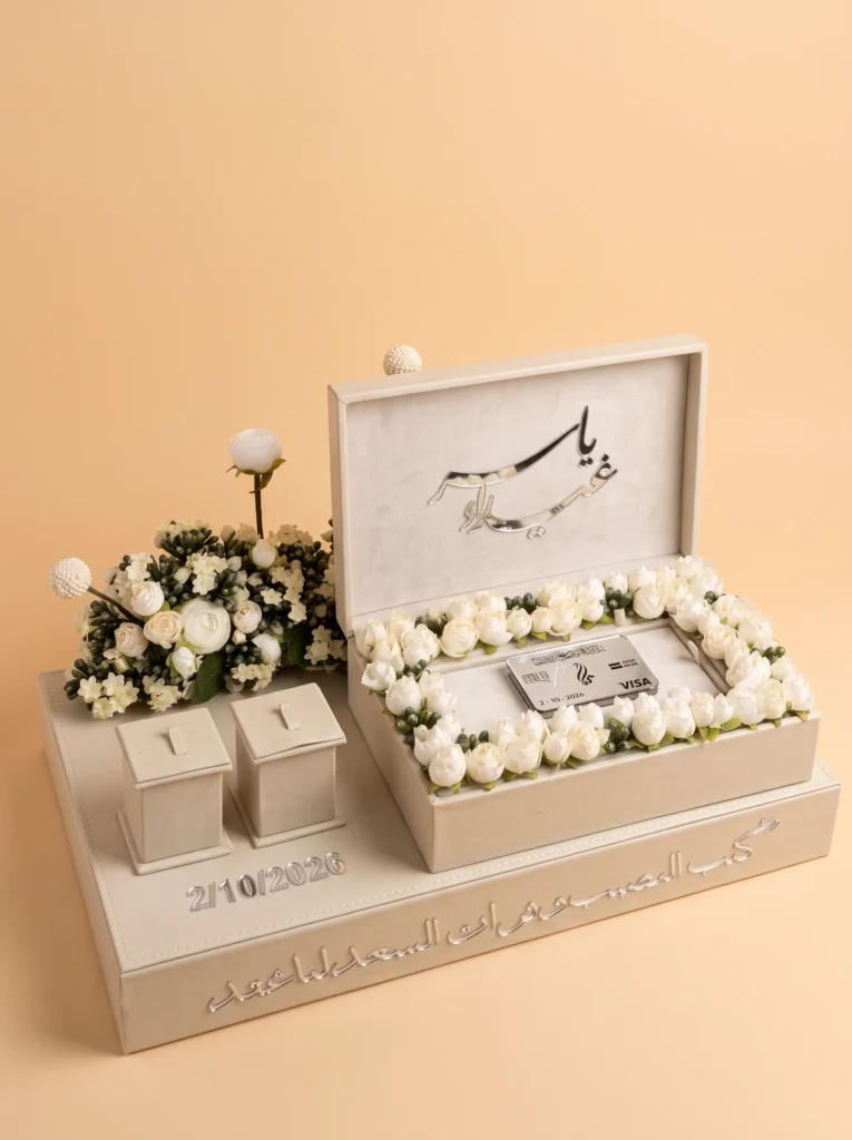 Personalized engagement gifts: cream tray with 2 ring boxes, white flowers and names in mirror calligraphy